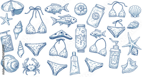 Summer beach essentials vector illustration for design, print, and poster in hand drawn style