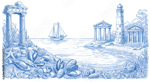 Coastal landscape with ancient ruins and seashells vector illustration for nautical themed designs