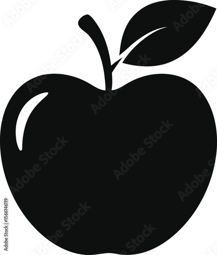 Simple black silhouette of a ripe apple with a stem and leaf isolated on transparent background