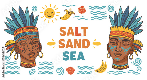 Tribal summer beach theme vector illustration with tropical elements and ocean waves