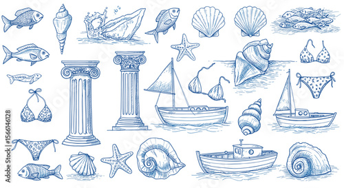 Nautical and beach elements vector illustration - hand drawn style for summer designs