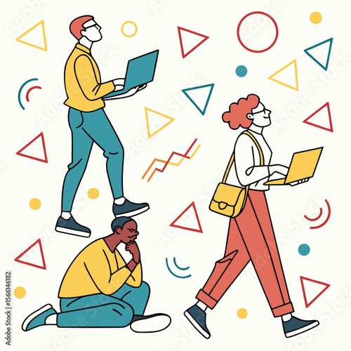 Three people with laptops surrounded by geometric shapes in a modern flat vector illustration