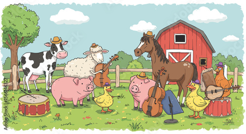 Farm animal band playing country music in cartoon style vector illustration