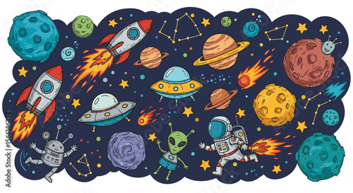 Space adventure vector illustration: cartoon rockets, ufos, planets, and aliens for kids' design