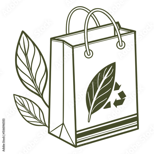 Illustration of a reusable shopping bag with leaf and recycle symbol next to plant leaves art