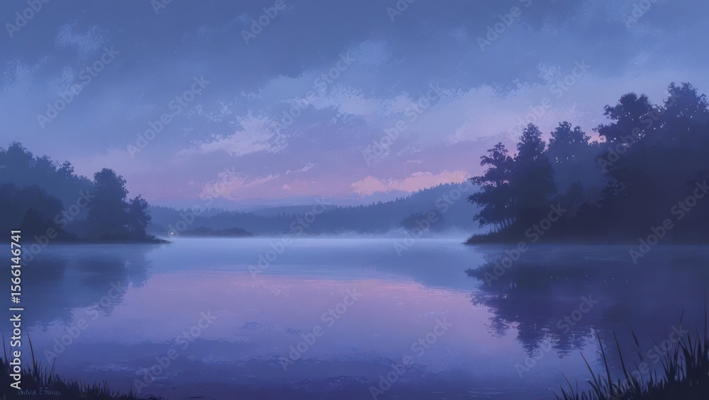 Fototapeta premium A tranquil lake scene at dawn, bathed in a soft, purple light.