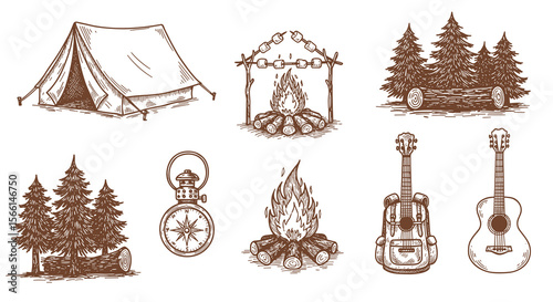 Camping adventure vector illustration with tent, campfire, and musical instruments in hand drawn style