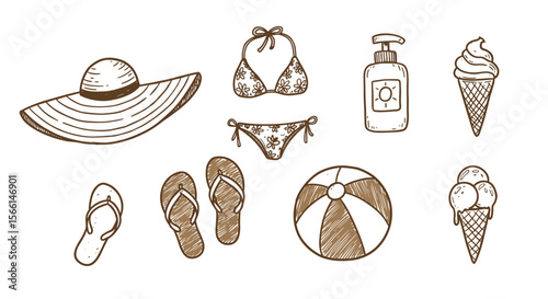 Summer beach essentials vector illustration in hand drawn style for card or poster design