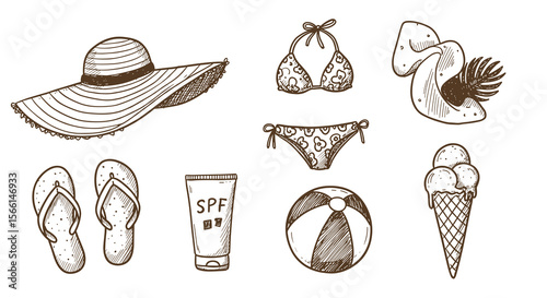 Summer beach essentials vector illustration for design and decor featuring hand drawn style