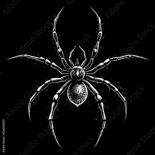 Detailed black and white spider illustration on dark background 