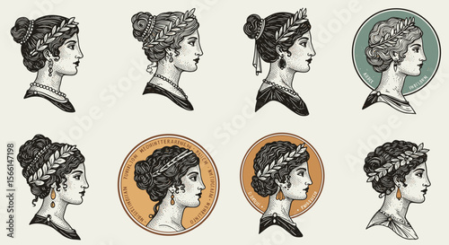 Classical female portraits vector illustration with roman and greek influence for design