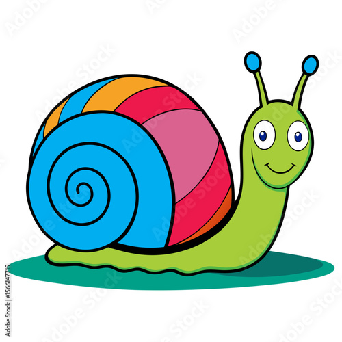 Cartoon snail with colorful shell smiling on green background  