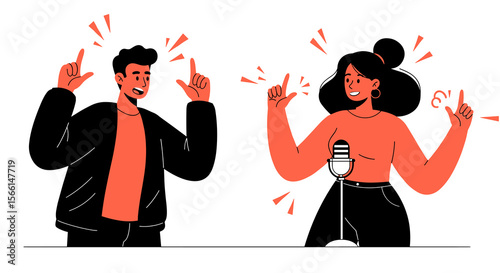 Podcast hosting concept with energetic speakers and microphone vector illustration for digital media content