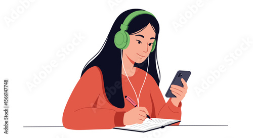 Young woman studying and listening to music with headphones vector illustration for educational design