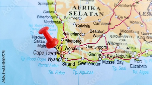 View of Cape Town, City in the Western Cape, South Africa, on a geographical map of Africa, marked with red push pin