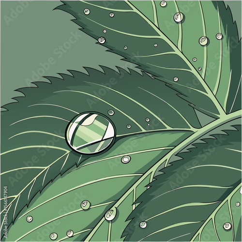 Close up of green leaves with water droplets reflecting light and showing leaf veins clearly visible