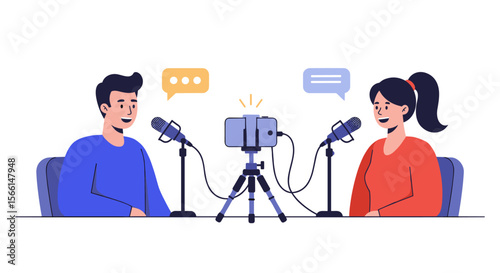 Podcast recording vector illustration with microphones and smartphones for studio design