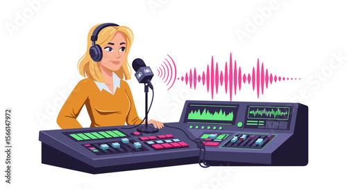 Radio host in studio with modern equipment vector illustration for media projects