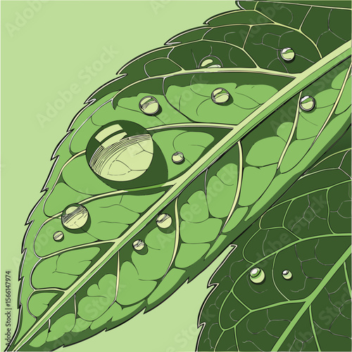 Close up of green leaves with water droplets showcasing intricate vein patterns and textured surfaces detail