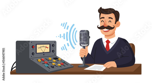 Retro radio host at studio desk with vintage microphone vector illustration for broadcasting design