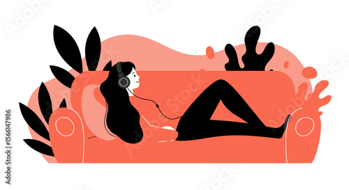 Relaxed woman listening to music on couch - minimalist vector illustration for home decor