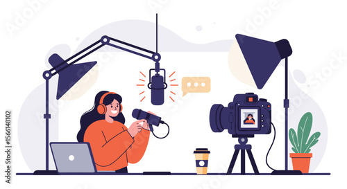 Podcasting studio vector illustration with equipment and host in flat style for digital content creation design