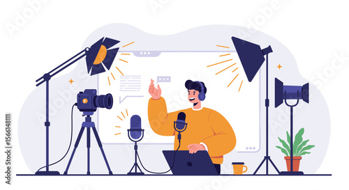 Podcast recording studio setup vector illustration in modern flat style for creative media design
