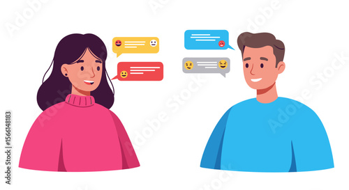 Vector illustration of people communicating through social media messages and emojis in flat style