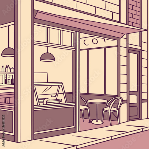 Illustration of a quaint cafe exterior with tables chairs and display case in a soft color palette design
