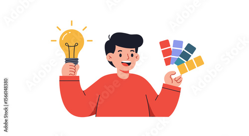 Creative inspiration vector illustration with young man holding light bulb and color swatches for design concepts