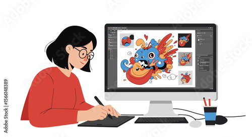 Creative digital art design scene with artist using drawing tablet for cute character vector illustration