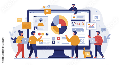 Team collaboration and project management in digital workspace vector illustration