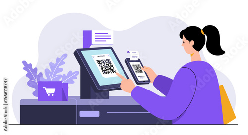 Checkout process with qr code payment vector illustration for digital transactions and ecommerce