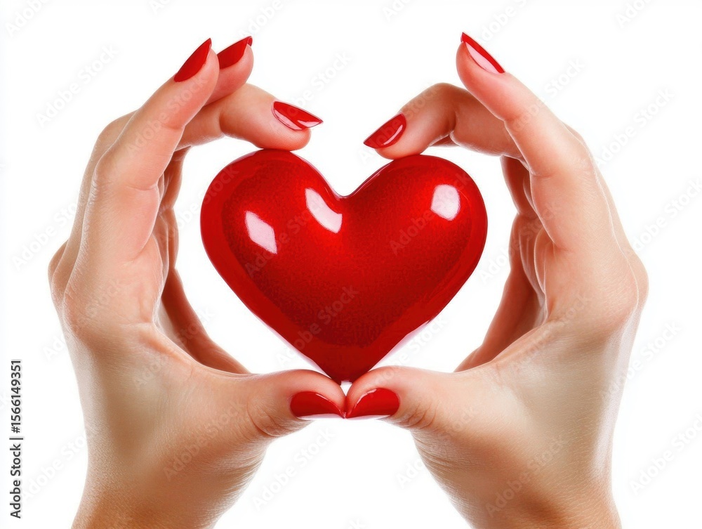 Fototapeta premium Hands gently holding a shiny red heart symbol