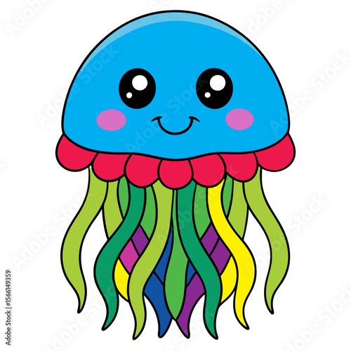 Cute blue jellyfish character with colorful tentacles and smiling face  