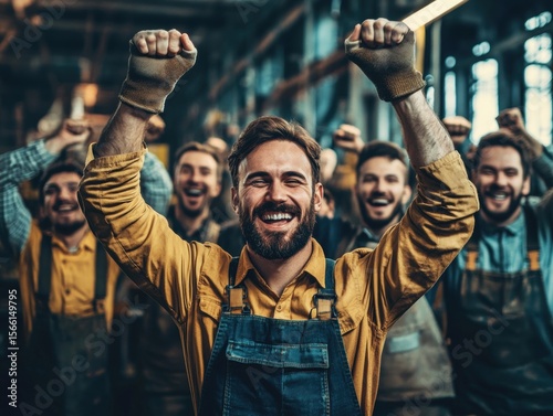 A group of enthusiastic workers in an industrial workshop joyfully celebrate their recent achievement. They raise their arms in triumph, showcasing camaraderie and teamwork in a lively environment.