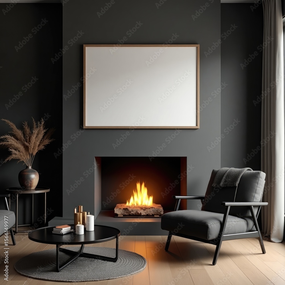 Naklejka premium Modern living room interior design with fireplace and blank frame mockup for artwork display idea