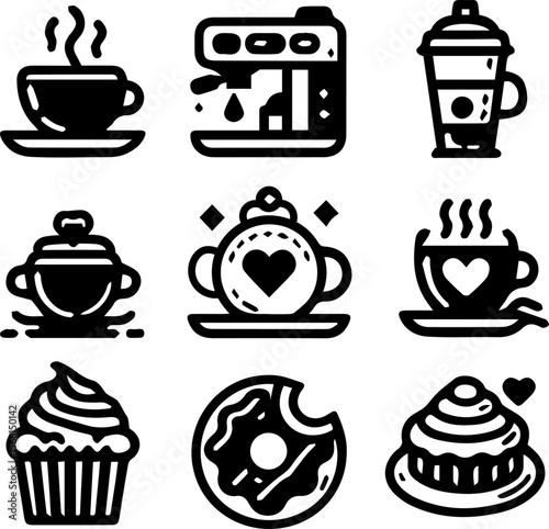 Coffee and dessert icons in black and white line art style  