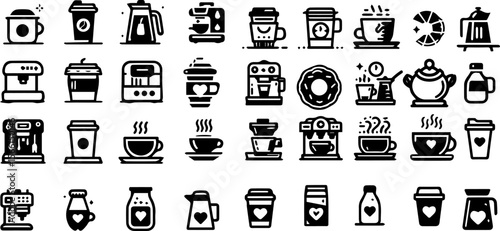 Coffee and tea-related kitchen utensils and appliances in black and white  