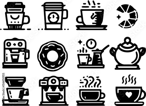 Iconic coffee and tea beverages with doughnut in black and white design  