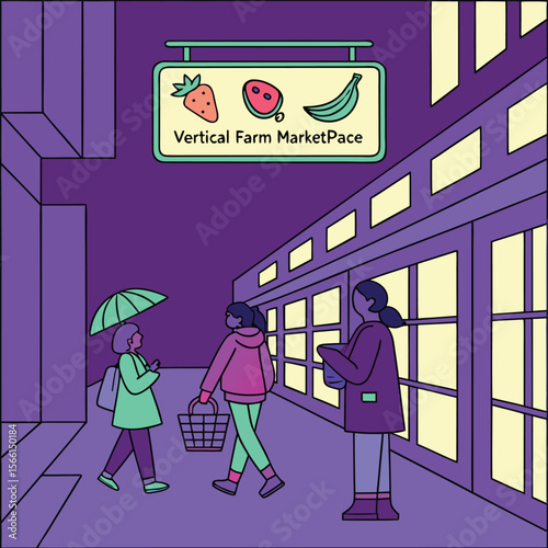 People walking near vertical farm marketplace sign with fruits in a purple urban setting scene