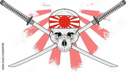 skull with samurai crossed swords in bandana with japanese battle flag isolated on white background
