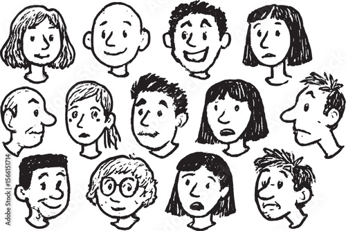 Hand Drawn Cartoon Faces with Various Emotions – Black and White Sketch