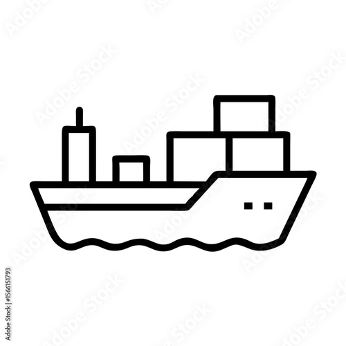 Cargo ship icon with containers on water in simple line art style  