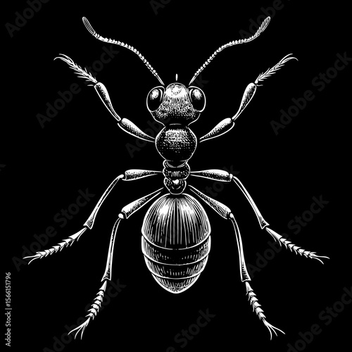 Ant illustration with detailed anatomical features on black background  