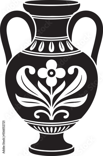 Ancient Greek Amphora with Floral Design Black and White Illustration