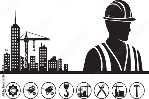 Construction worker silhouette with city skyline and tools