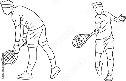  Tennis Player Action Pose Doodle, Hand Drawn Sport Character, Black and White Line Art Vector, Transparent Background