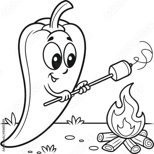 Cute chili pepper character roasting marshmallows over a campfire perfect for coloring pages