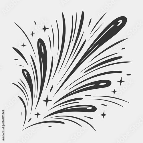 A black and white drawing of a fireworks explosion with a lot of stars.